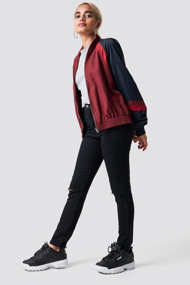 Red Tracksuit Jacket X Hoop Earring Outfit