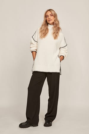 Contrast Seam High Neck Knitted Sweater Outfit