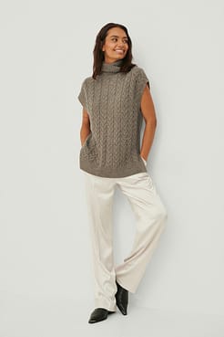 High Neck Cable Knitted Vest Outfit.