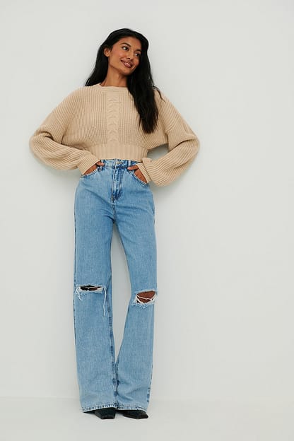 Light Beige Cropped Cable Knit Sweater