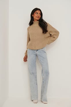 Raglan Sleeve High Neck Knitted Sweater Outfit.