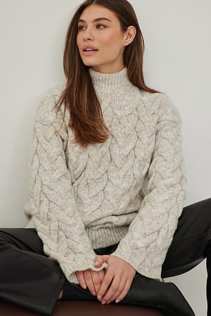 Cable Knitted Melange Sweater Outfit.