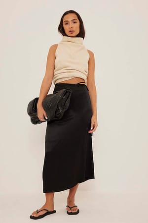 Strap Detailed Midi Satin Skirt Outfit.