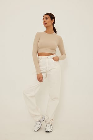 Recycled Round Neck Ribbed Long Sleeve Crop Top Outfit.