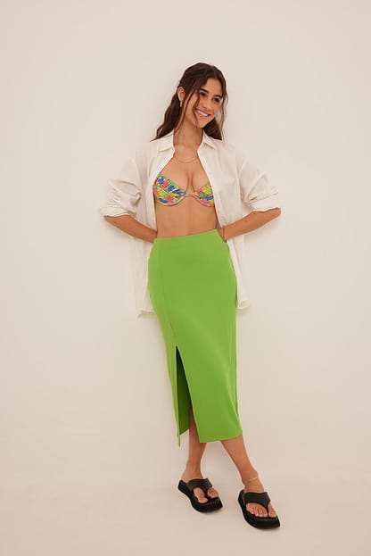 Green Ribbed Slit Midi Skirt