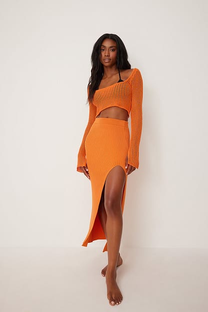 Orange Rib Knitted High Slit Skirt