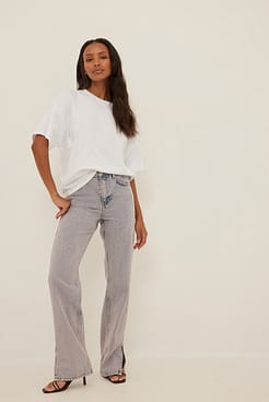 High Waist Straight Side Slit Jeans Outfit.