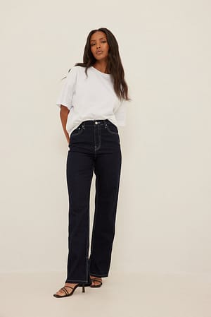 High Waist Straight Side Slit Jeans Outfit.