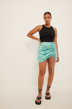 Draped Asymmetric Mini Satin Skirt Outfit