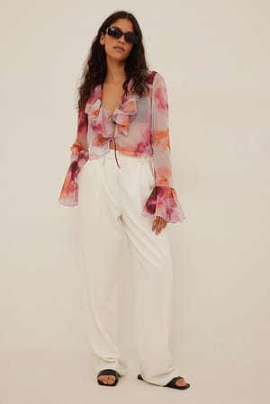 Tie Front Frill Chiffon Blouse Outfit