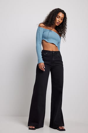 Ribbed Seam Detail Off Shoulder Top Outfit