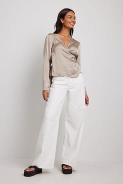 Overlap Front Satin Blouse Outfit