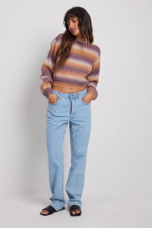 Round Neck Knitted Faded Stripe Sweater Outfit