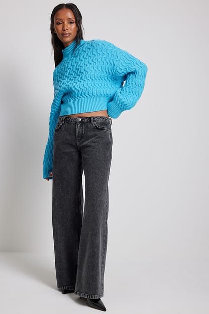 Blue Cable Knitted Cropped Sweater