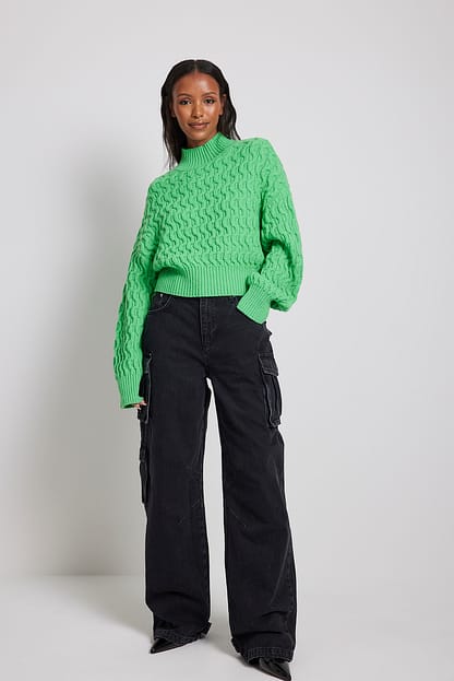 Green Cable Knitted Cropped Sweater