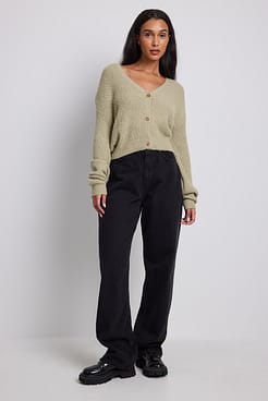 Dropped Shoulder Knitted Buttoned Cardigan Outfit