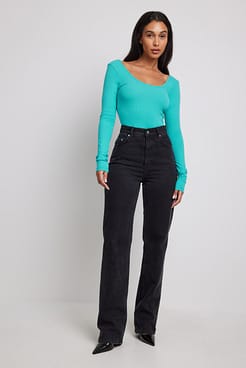Deep Round Neck Rib Top Outfit