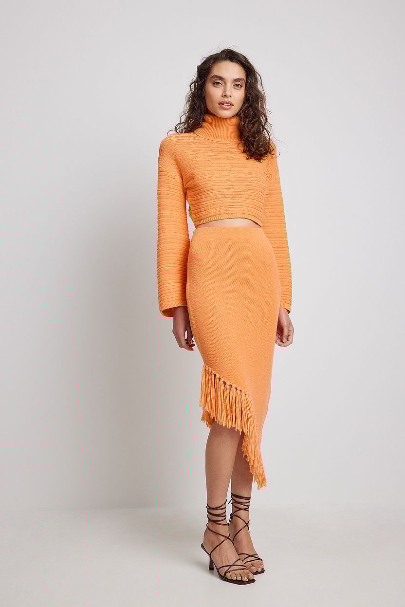 Wool Blend Asymmetric Fringe Hem Skirt Orange