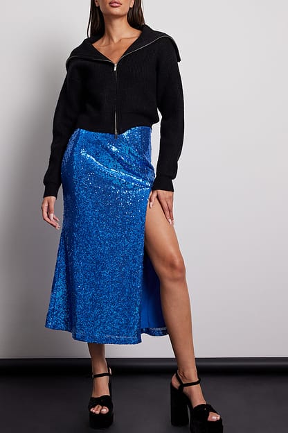 Blue Midi Slit Detail Sequin Skirt