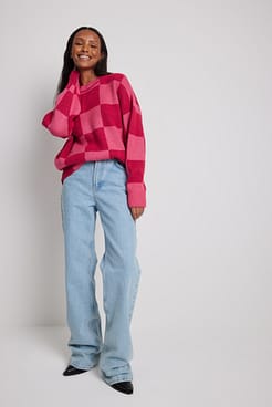 Knitted Mock Neck Checkered Sweater Outfit