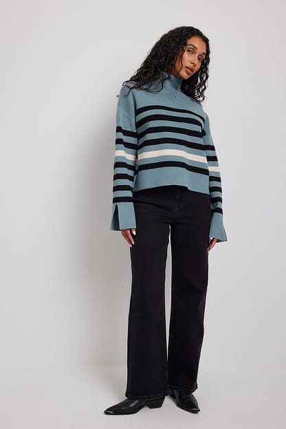 Blue Grey Striped  Oversized Sweater