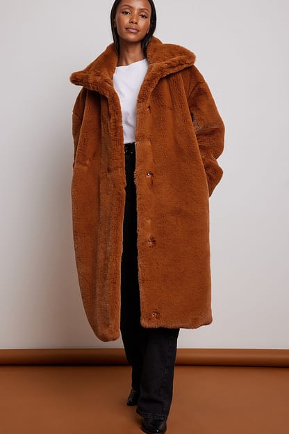 Orange High Neck Faux Fur Coat