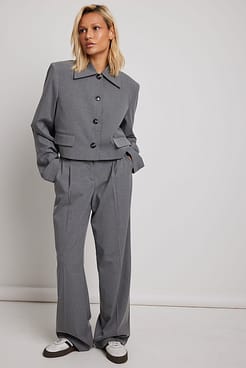 Grey Low Waist Trousers and Short Blazer Outfit.