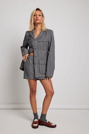 Grey Tweed Jacket and Tweed Mini Skirt Outfit.