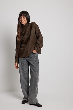 Oversized Rib Knitted Turtle Neck Sweater Outfit