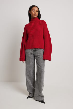 Knitted Folded Sleeve Round Neck Sweater Outfit