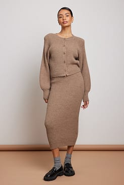 Rib Knitted Shoulder Pad Cardigan Outfit.