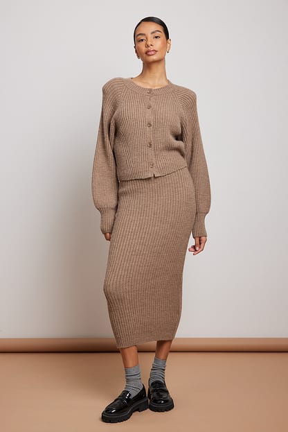 Taupe Rib Knitted Shoulder Pad Cardigan
