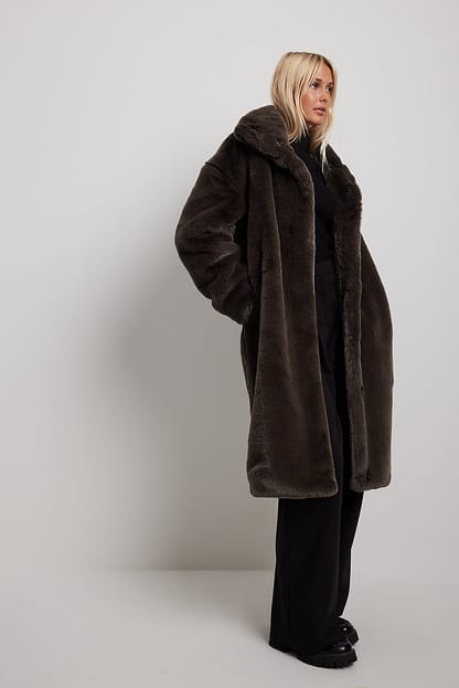 Brown High Neck Faux Fur Coat