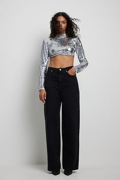 Cropped Shoulder Padded Sequin Top Outfit.