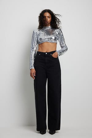 Cropped Shoulder Padded Sequin Top Outfit.