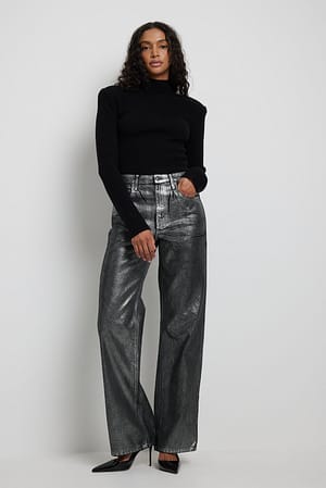 Mid Waist Silver Coated Denim Outfit.