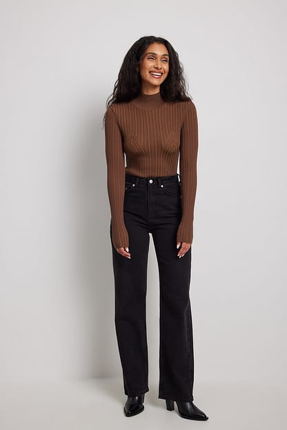 Brown Two Color Rib Knitted Turtle Neck Top