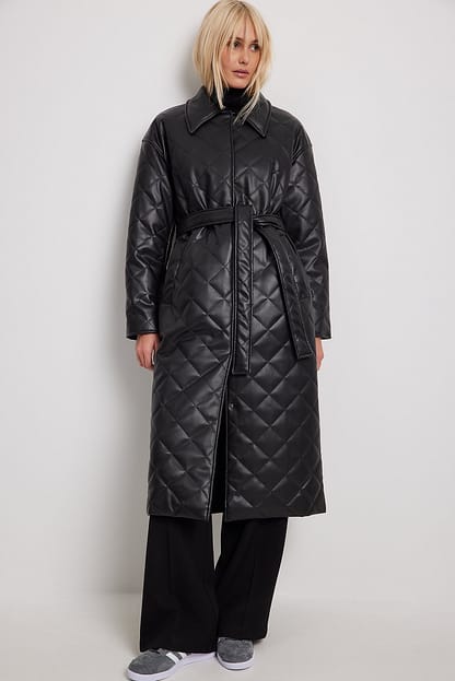 Black Quilted Pu Coat