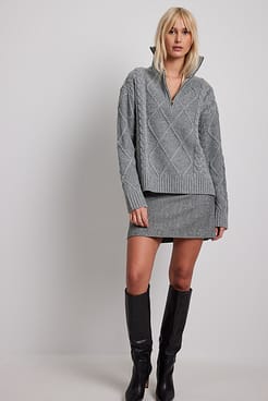 Cable Knitted Zip Detail Sweater Outfit.