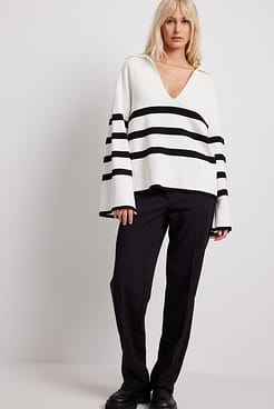 Collar Detail Striped Sweater Outfit.