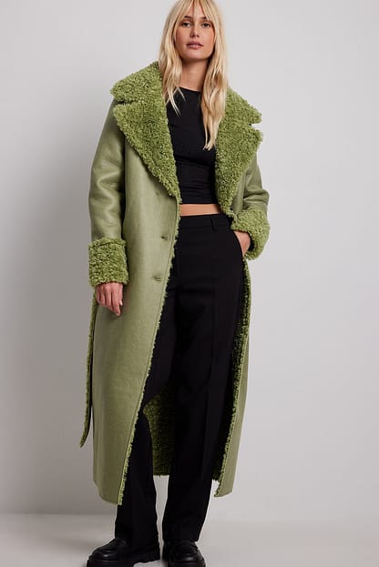 Sage Faux Fur Detail Belted Coat