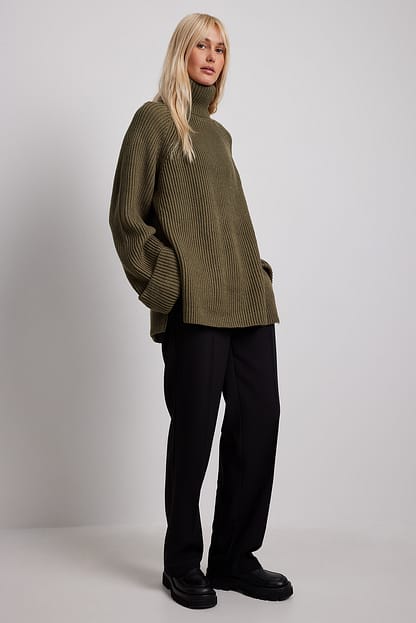 Burnt Olive Ribbed Knitted High Neck Sweater