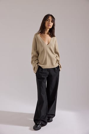 Wide Sleeve V-neck Knitted Sweater Outfit.