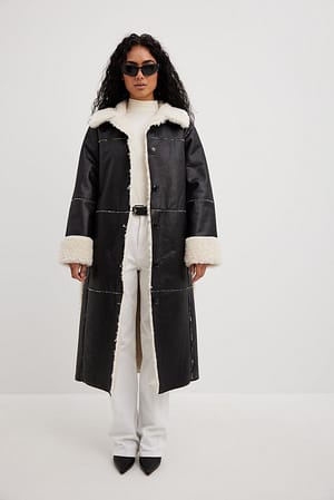 Bonded Faux Fur Detailed Long Coat Outfit