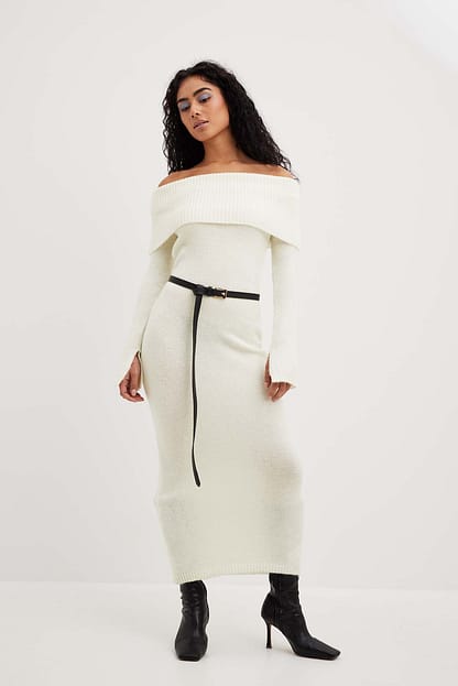 Offwhite Knitted Overfold Midi Dress