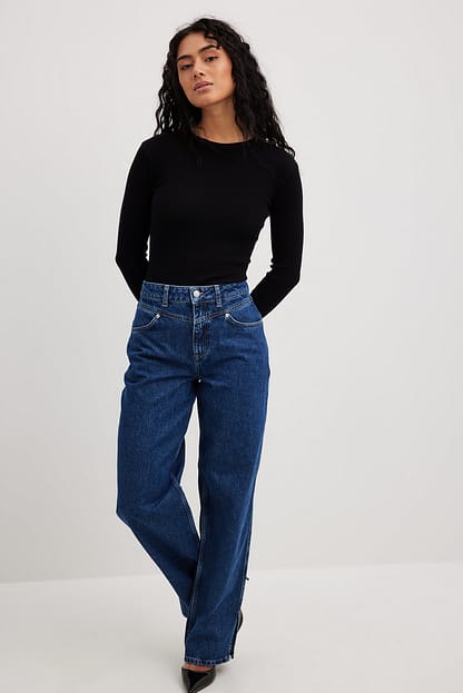 Mid Blue Slit Detail Straight Jeans