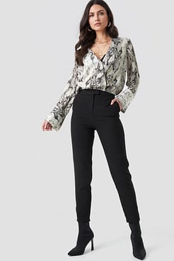 Snake Printed Overlap Blouse Grey Outfit