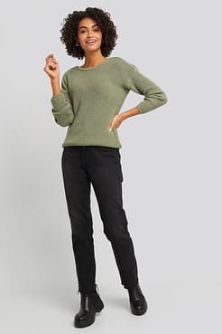 Knitted Deep V-neck Sweater Green Outfit.
