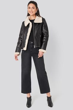 Raw Edge Cropped Aviator Jacket Black Outfit.
