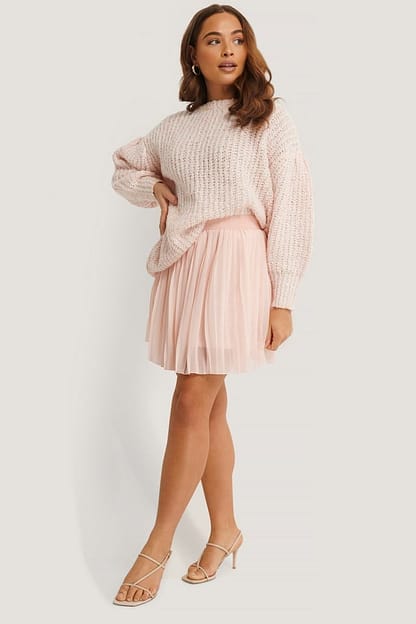 Light Pink Short Puff Sleeve Melange Sweater